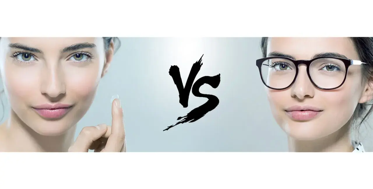 Dwie kobiety, jedna z soczewką kontaktową, druga w okularach, z symbolem VS pośrodku.