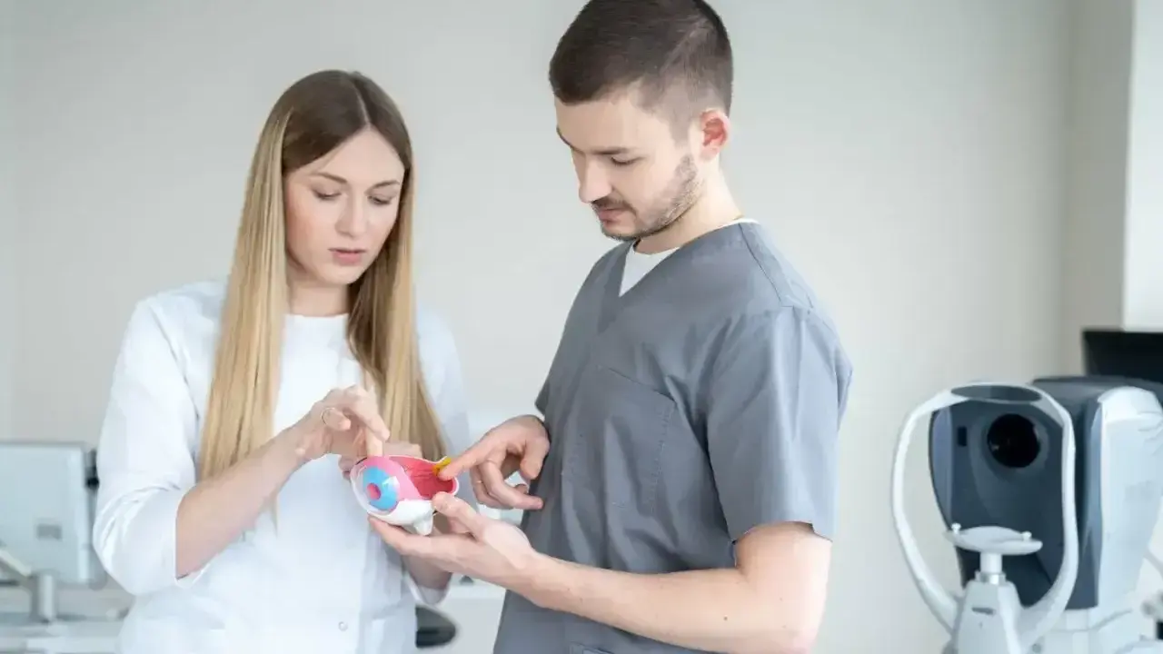 Lekarze omawiają model oka, zastanawiając się, czy wadę wzroku da się wyleczyć. W tle aparat do badania wzroku.