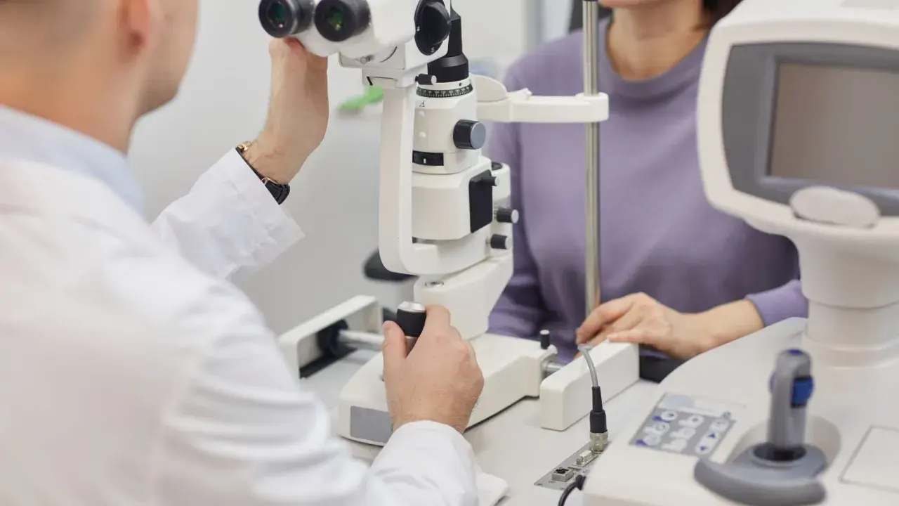 Lekarz bada pacjentkę, która może mieć neuropatię nerwu wzrokowego. Badanie wzroku przy użyciu specjalistycznego sprzętu.