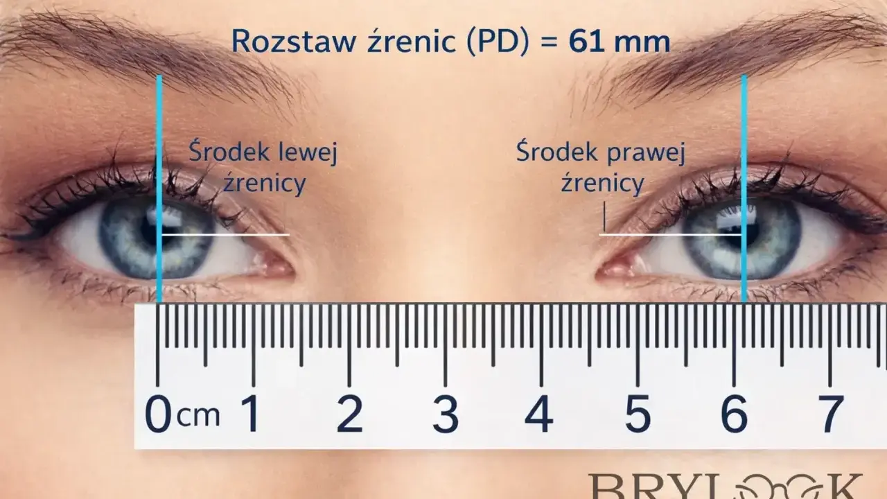 Pomiary rozstawu źrenic (PD) 61 mm, kluczowe oznaczenia na oprawkach okularów.