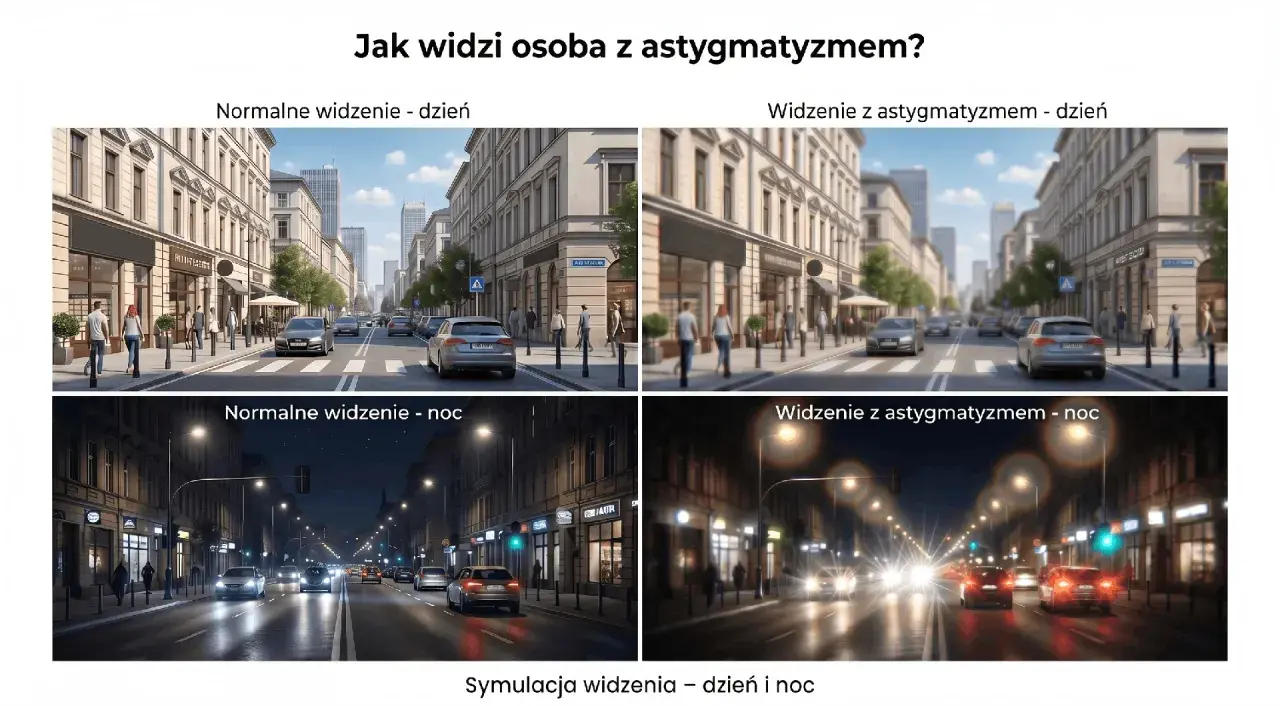 Symulacja widzenia z astygmatyzmem w dzień i w nocy. Czy astygmatyzm jest dziedziczny? Obraz pokazuje rozmycie i poświaty wokół świateł.