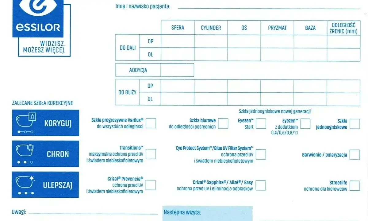 Formularz optometryczny z danymi pacjenta i tabelą do wpisania parametrów soczewek. Zawiera też sekcję "Zalecane szkła korekcyjne", gdzie można zaznaczyć np. "sph co to" zaawansowane technologie ochrony.