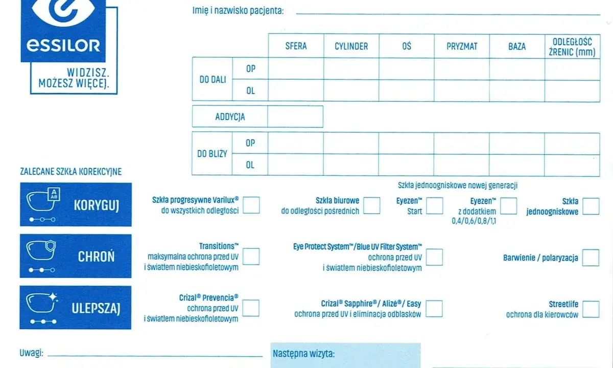 Formularz optometryczny z polami na wpisanie parametrów soczewek: sfera, cylinder, oś, pryzmat, baza, odległość źrenic. Podano też rodzaje soczewek.