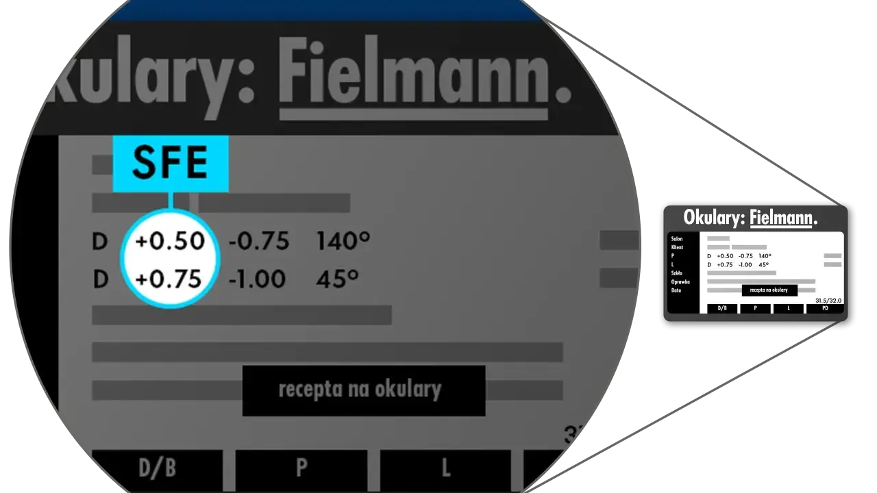 Recepta okularowa z soczewkami korygującymi wadę wzroku plus i minus jednocześnie: D +0.50, -0.75, 140° oraz D +0.75, -1.00, 45°.