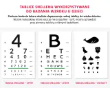 Tablice Snellena do badania wzroku u dzieci: cyfry, litery i kształty. Okulista dobiera tablicę do wieku malucha.