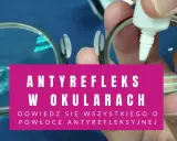 Uszkodzony antyrefleks w okularach. Kropelka płynu na soczewce, która powinna chronić przed odblaskami.