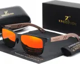 Okulary przeciwsłoneczne Kingseven z drewnianymi zausznikami i pomarańczowymi soczewkami. Ochrona UV400, kategoria 3. Zestaw z etui i ściereczką.