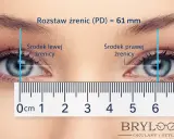 Pomiary rozstawu źrenic (PD) 61 mm, kluczowe oznaczenia na oprawkach okularów.