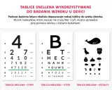 Tablice Snellena do badania wzroku u dzieci: cyfry, litery i kształty pomagają ocenić wady wzroku w skali od 20/200 do 20/20.