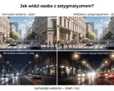 Symulacja widzenia z astygmatyzmem w dzień i w nocy. Czy astygmatyzm jest dziedziczny? Obraz pokazuje rozmycie i poświaty wokół świateł.