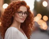 Rudowłosa kobieta w okularach, które mogłyby pochodzić od znanych marek okularów, uśmiecha się na tle rozmytych świateł miasta.