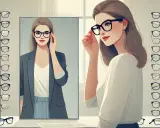Kobieta w okularach przymierza kolejne modele, zastanawiając się nad kształtami twarzy męskie. W lustrze odbija się jej refleksja, otoczona rzędami oprawek.
