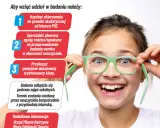 Uśmiechnięta dziewczynka w okularach zachęca do przesiewowego badania wzroku. Dowiedz się, jak wziąć udział!