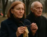 Starsza kobieta czyści okulary, których rozmiar 59 oznacza szerokość soczewki w milimetrach. Obok stoi starszy mężczyzna.