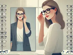 Kobieta w okularach przymierza kolejne modele, zastanawiając się nad kształtami twarzy męskie. W lustrze odbija się jej refleksja, otoczona rzędami oprawek.