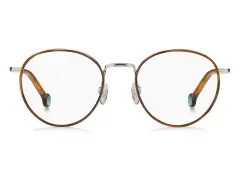 Okrągłe okulary w brązowej oprawce, przypominającej szylkret. Co to za materiał? Eleganckie, z metalowymi zausznikami i niebieskimi akcentami.