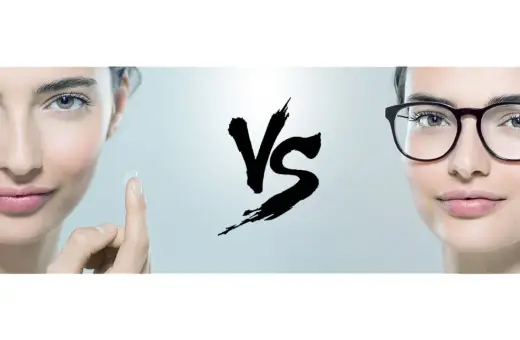 Dwie kobiety, jedna z soczewką kontaktową, druga w okularach, z symbolem VS pośrodku.