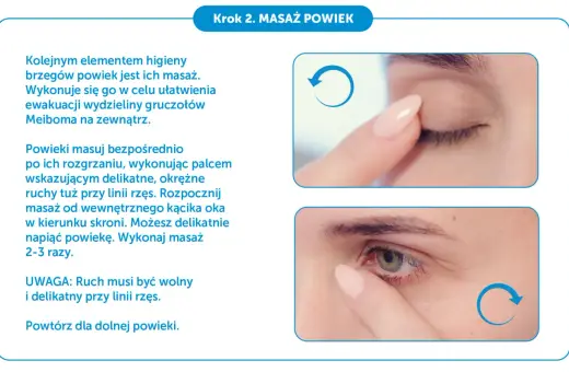 Delikatny masaż powiek palcem wskazującym, wykonujący okrężne ruchy przy linii rzęs. Pomaga to w ewakuacji wydzieliny gruczołów Meiboma.