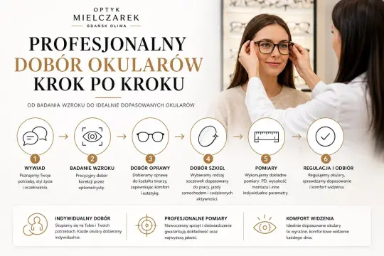 Profesjonalny dobór okularów krok po kroku: od wywiadu po regulację. Indywidualne podejście i komfort widzenia.