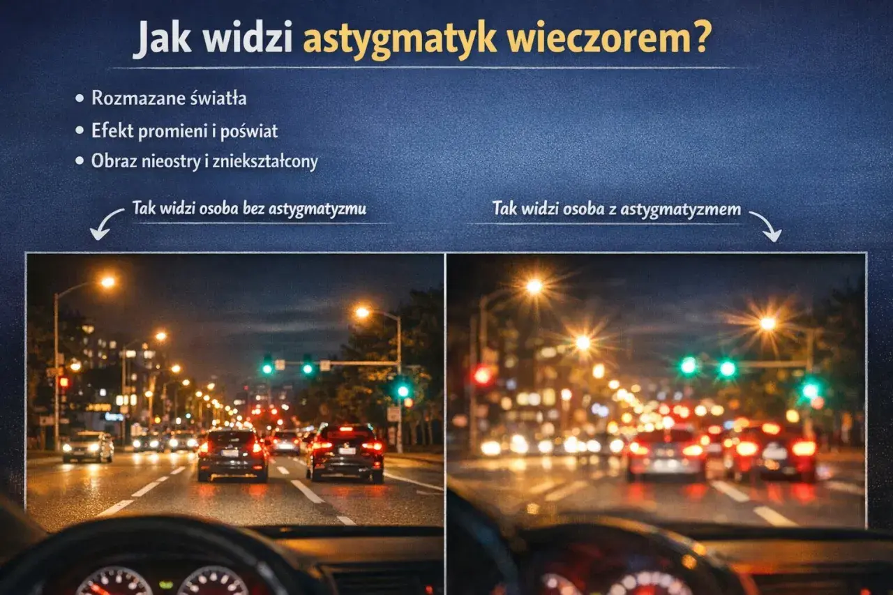 Wieczorem astygmatyzm powoduje rozmazane światła i poświaty, obraz jest nieostry.