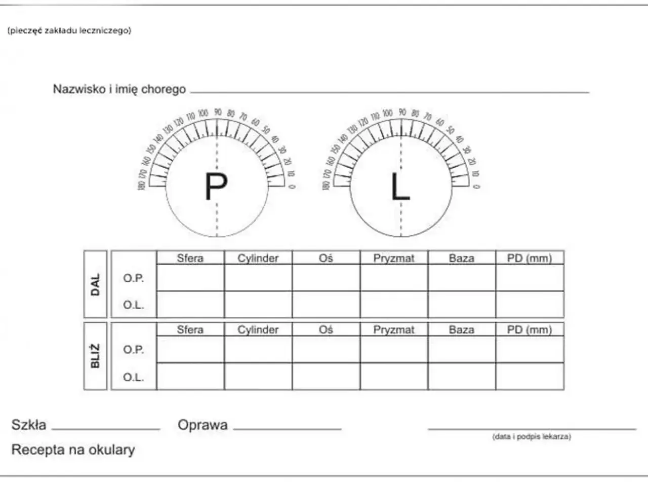 Formularz recepty na okulary z polami na dane pacjenta, wyniki badania sfery, cylindra, osi, pryzmatu, bazy i PD (mm) dla dali i bliży. Widać też symbole P i L, co może sugerować, że