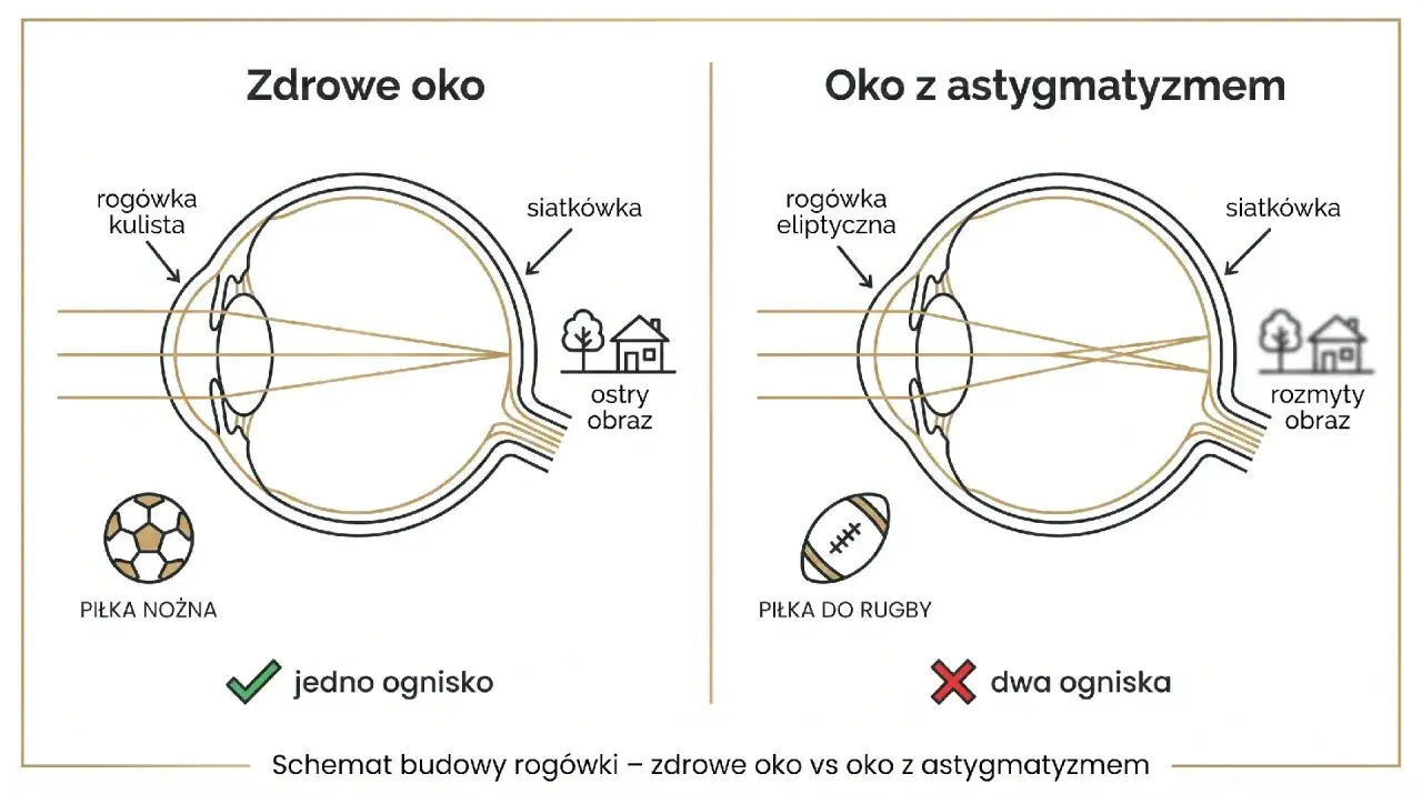 Zdrowe oko z kulistą rogówką skupia światło w jednym ognisku, dając ostry obraz. Oko z astygmatyzmem i eliptyczną rogówką ma dwa ogniska, co powoduje rozmyty obraz. Czy astygmatyzm jest dziedziczny?