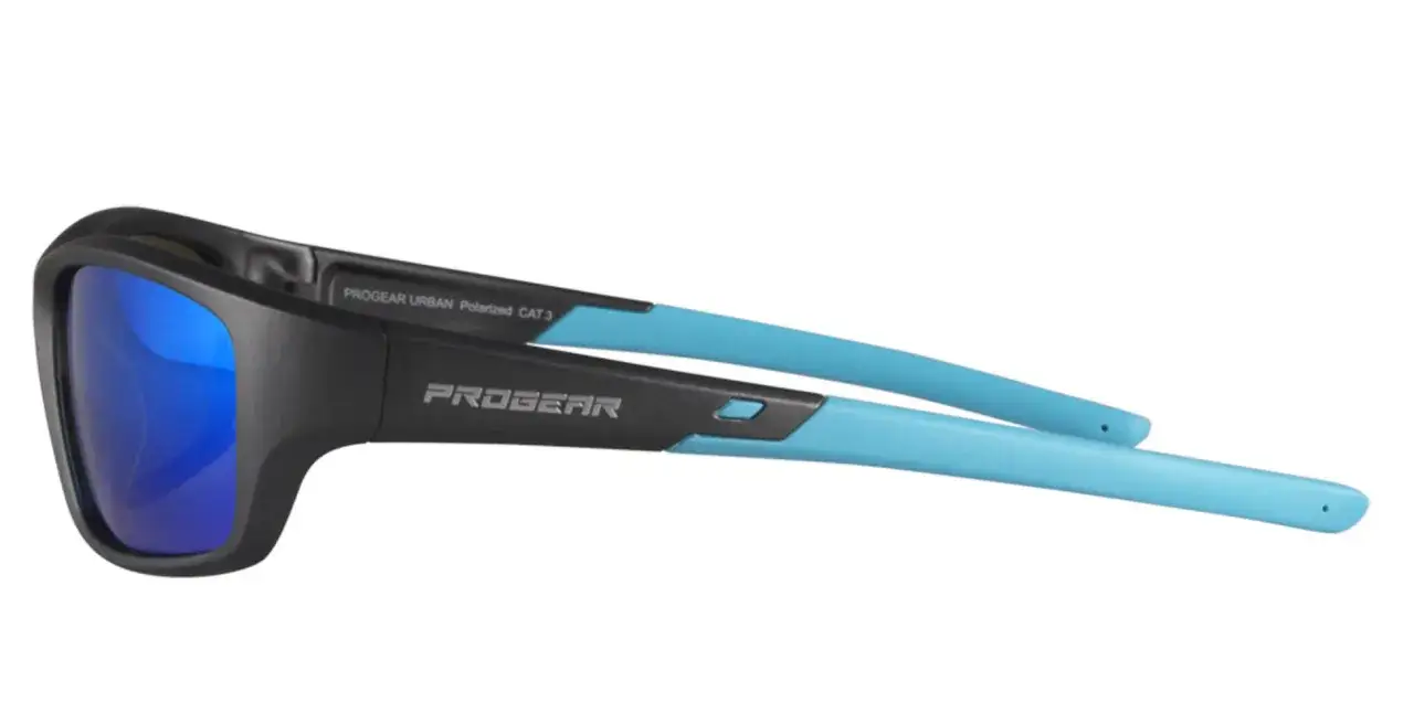 Czarne okulary Progear Urban z niebieskimi, lustrzanymi soczewkami i turkusowymi zausznikami. Kategoria UV 3.