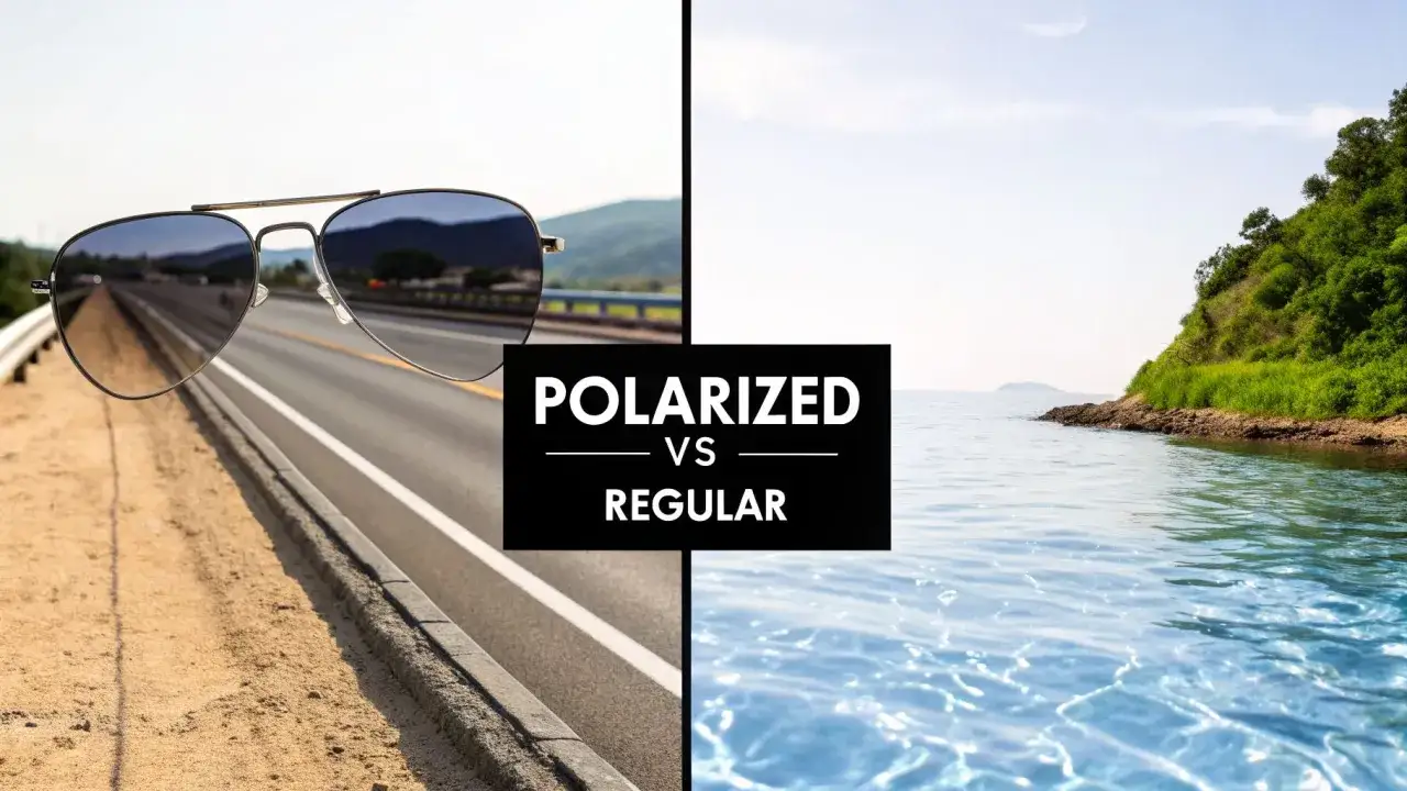 Okulary z polaryzacją na tle drogi i morza. Porównanie widoczności.
