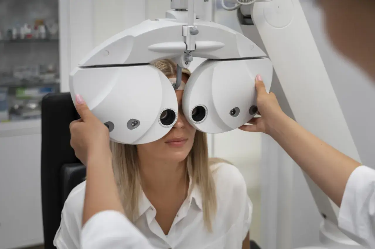 Kobieta przechodzi badanie optometryczne. Optometrysta używa foroptera do sprawdzenia wzroku pacjentki.