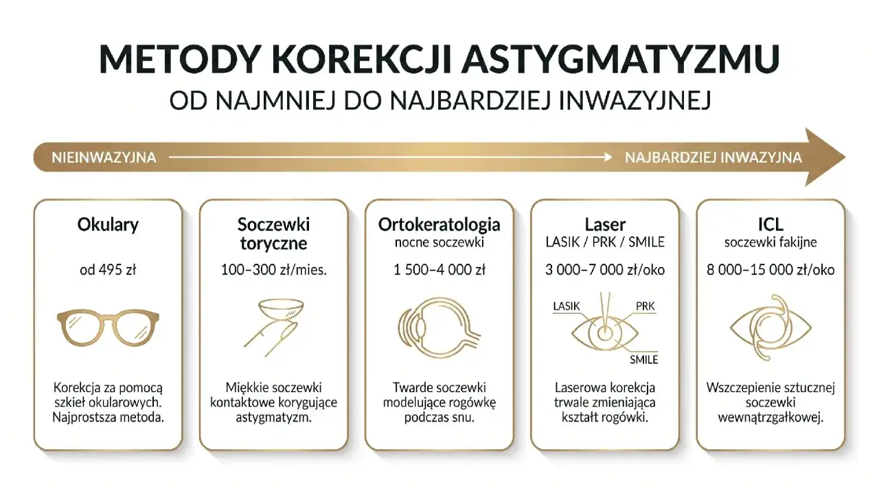 Metody korekcji astygmatyzmu: okulary, soczewki toryczne (np. z cylinder -0,5), ortokorekcja, laser, soczewki fakijne.