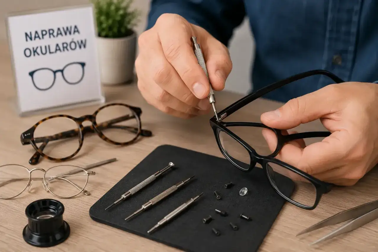 Precyzyjna naprawa okularów. Ręce technika przykręcają zausznik za pomocą małego śrubokręta. Na stole leżą narzędzia i inne okulary.