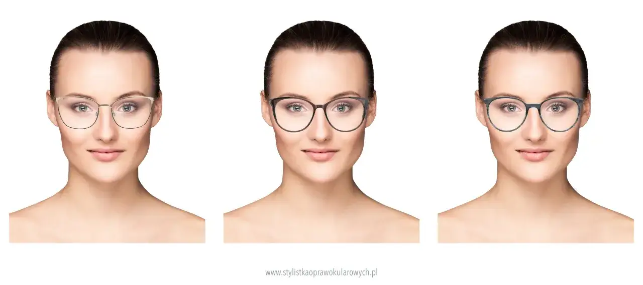 Jakie okulary do trójkątnej twarzy? Trzy kobiety prezentują różne modele oprawek, od delikatnych metalowych po pełne, okrągłe.